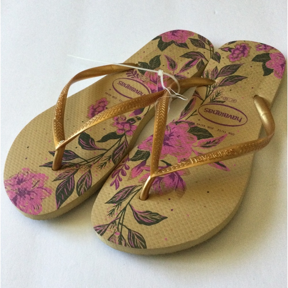 HAVAIANAS WOMENS FLORAL FLIP FLOPS GOLD ORCHID TAN US SIZE 11/12 NWOT